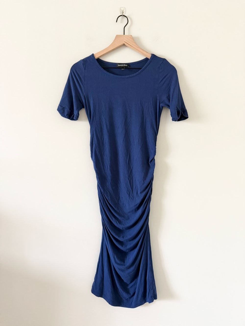 Isabella Oliver Navy 3/4 Sleeve Scoop Neck Ruched Side Midi Dress Size 1
